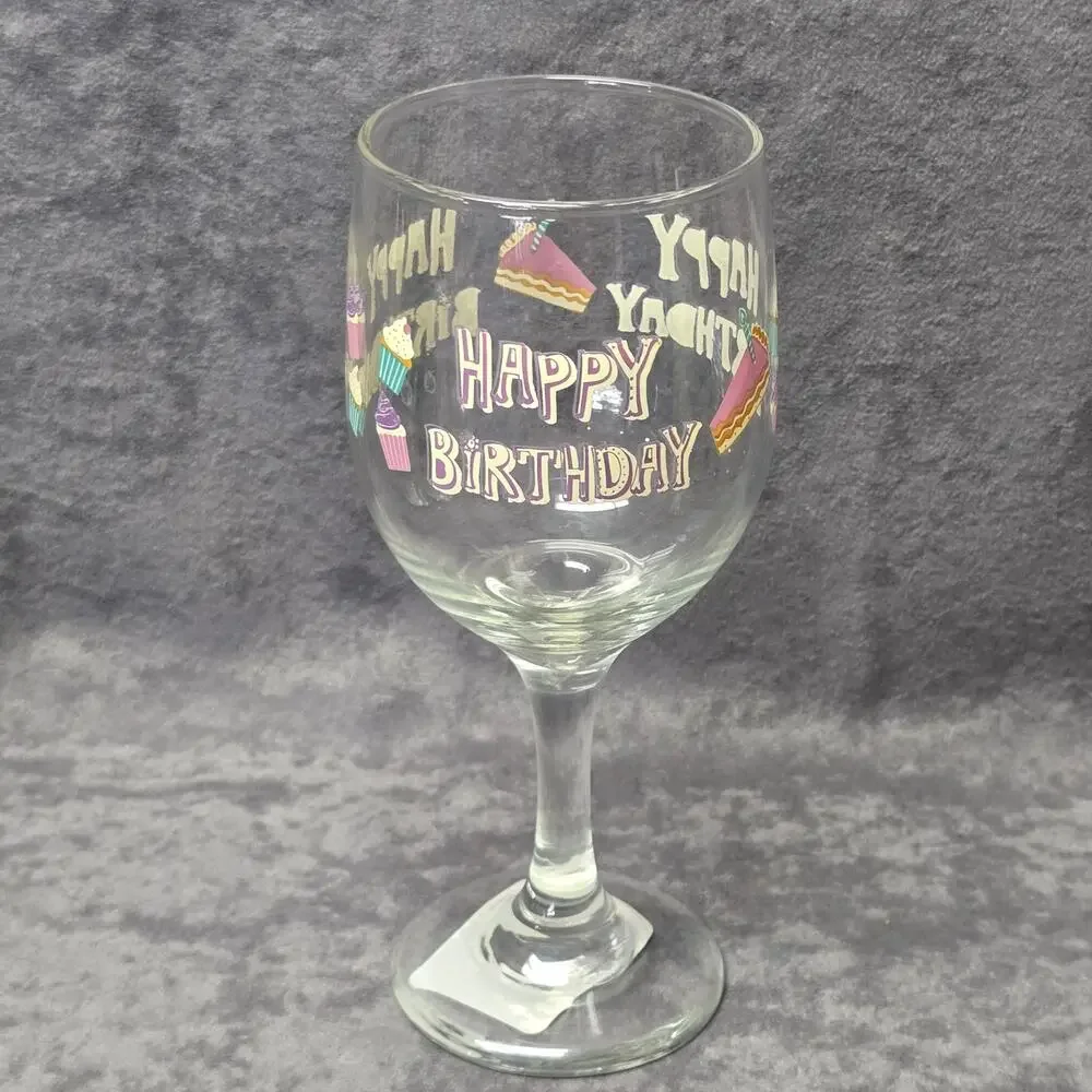 Happy Birthday Cupcakes & Cake Slices Print Wine Glass Gift Celebrate Drink Cup